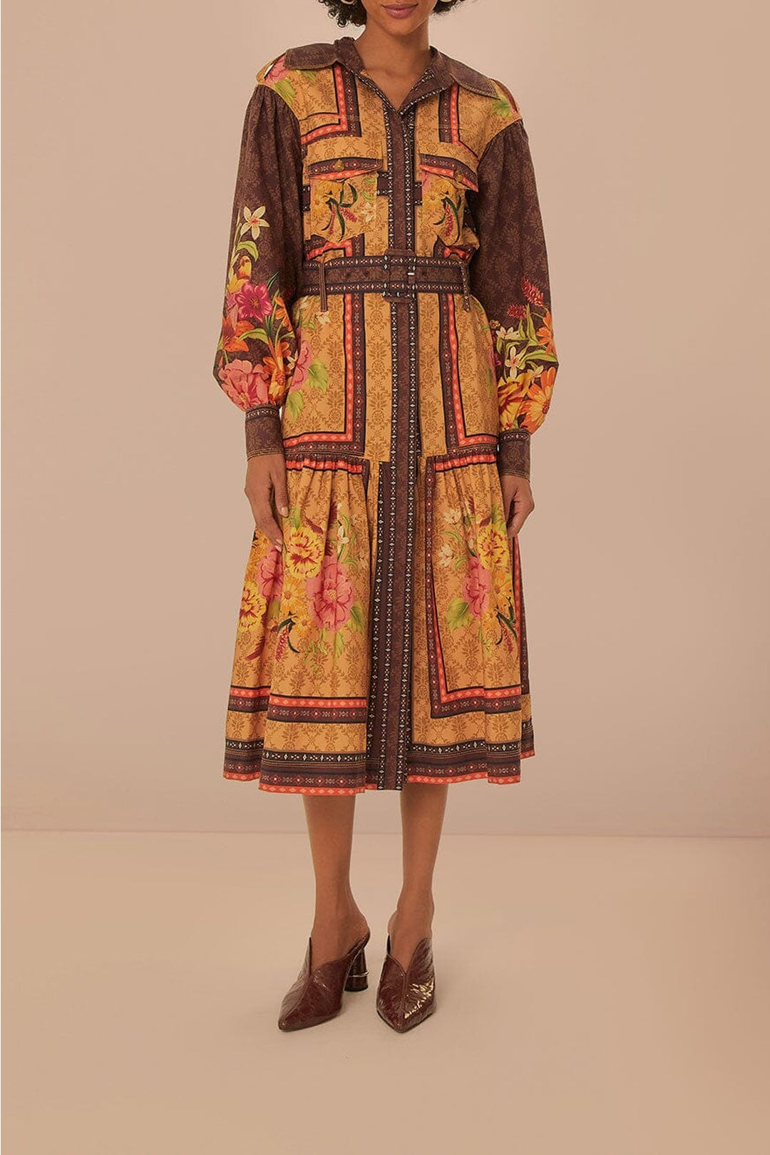 Robe midi Charming Garden à manches longues en coton - Orange