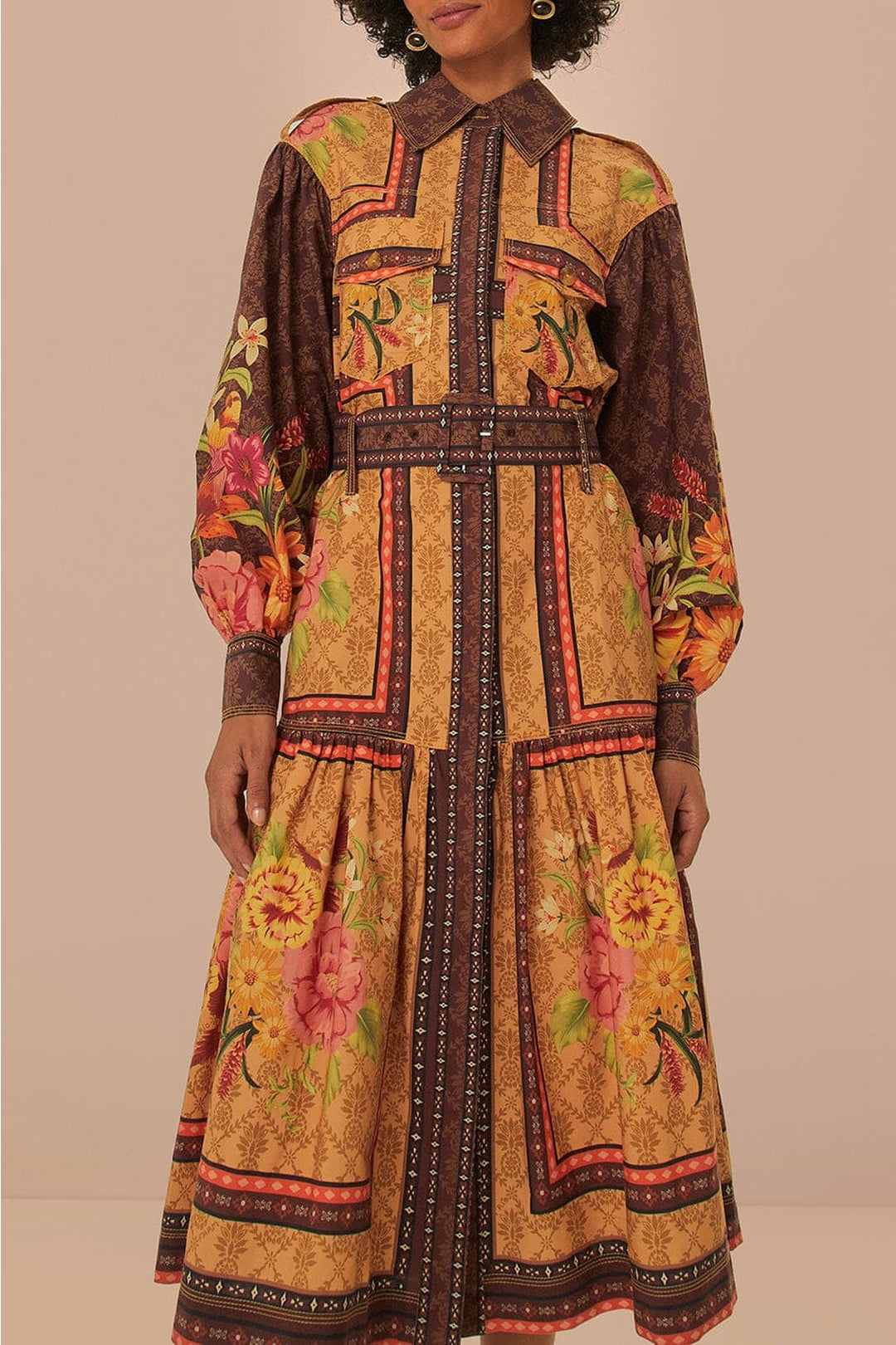 Robe midi Charming Garden à manches longues en coton - Orange