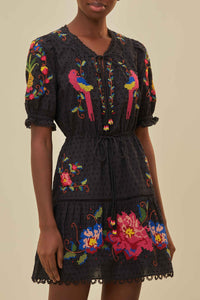 Robe courte brodée en coton - Noir