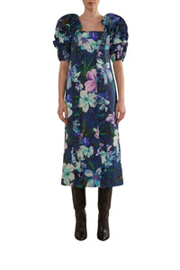 Robe midi Floraline à manches courtes en coton - Bleu