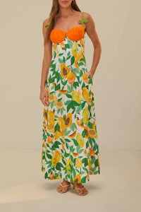 Robe longue à bretelles Papaya Salad en lin - Multicolore