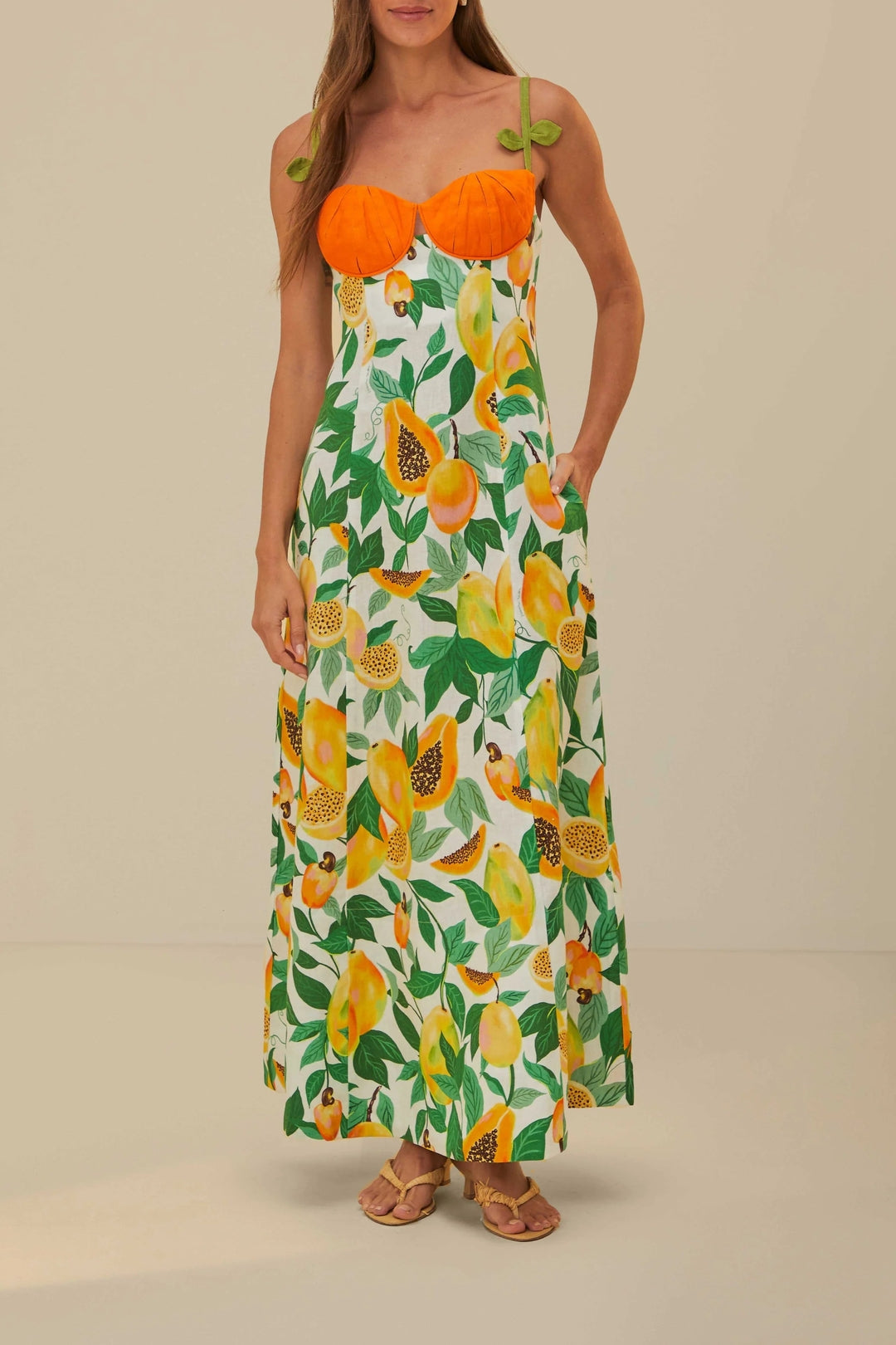 Robe longue à bretelles Papaya Salad en lin - Multicolore
