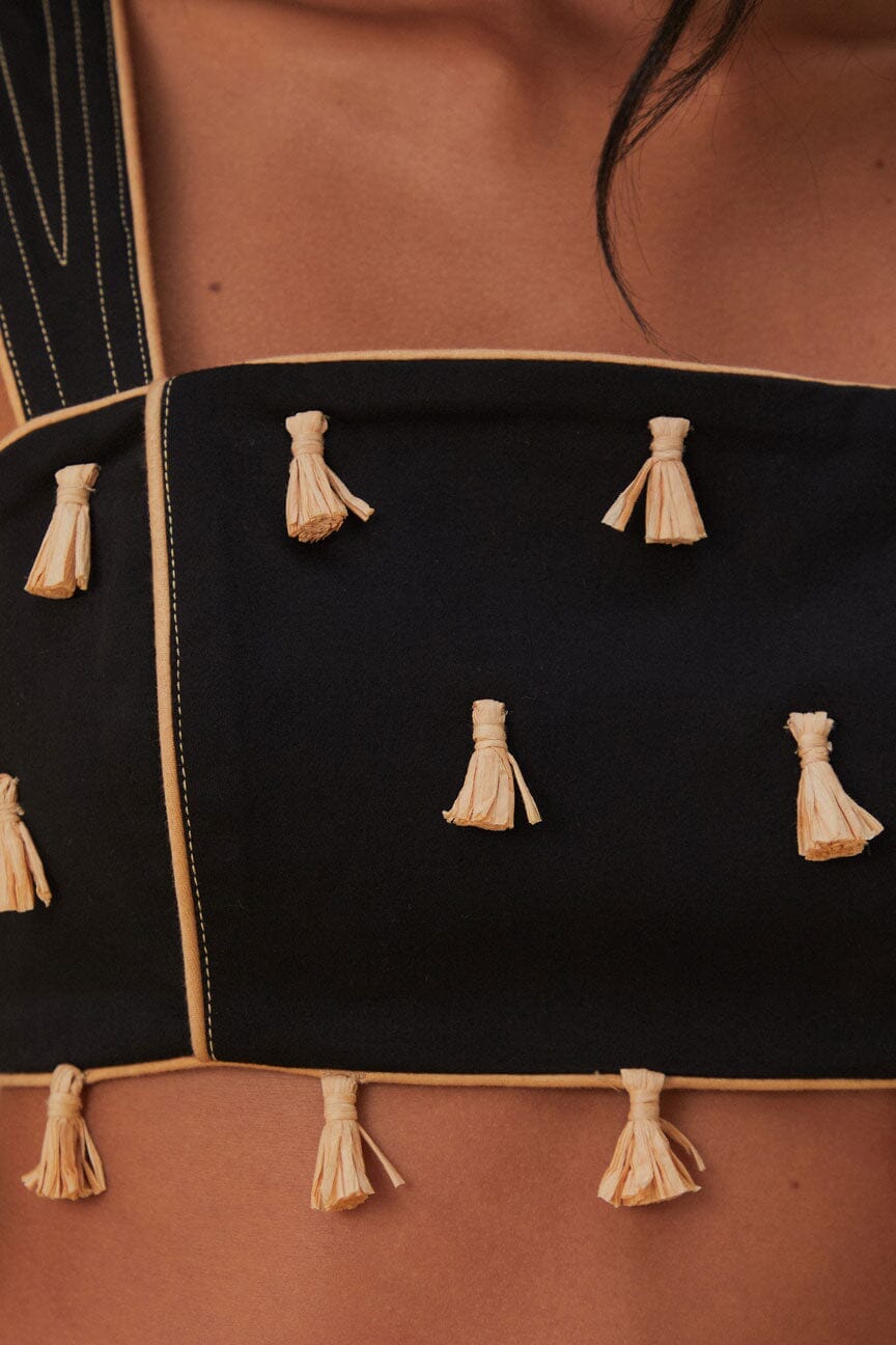 Top Raffia Fringed - Noir