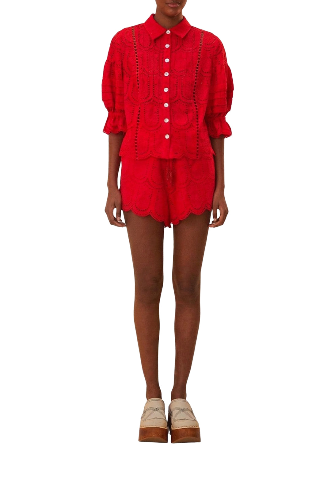 Cotton pineapple eyelet blouse - Red