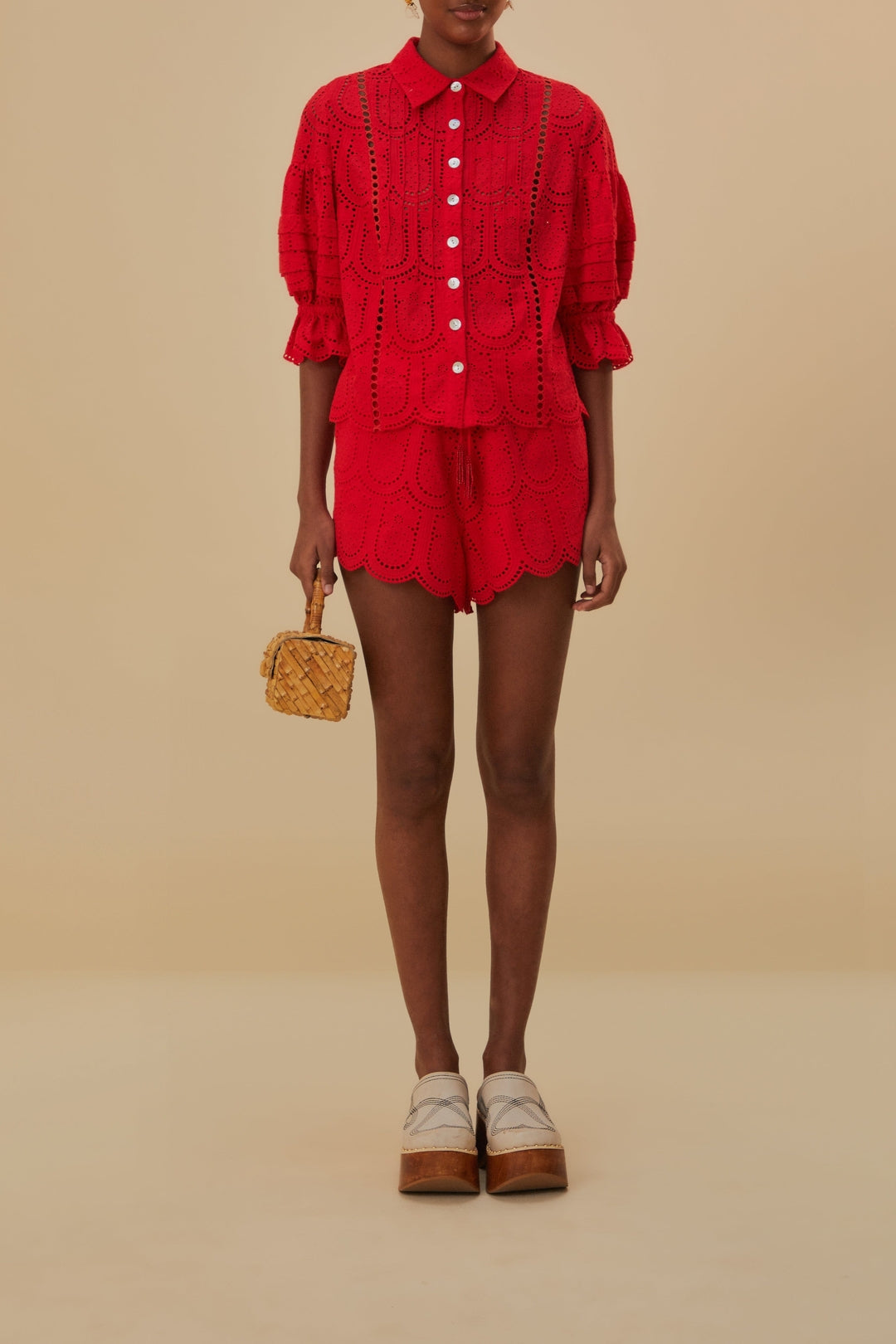 Cotton pineapple eyelet blouse - Red