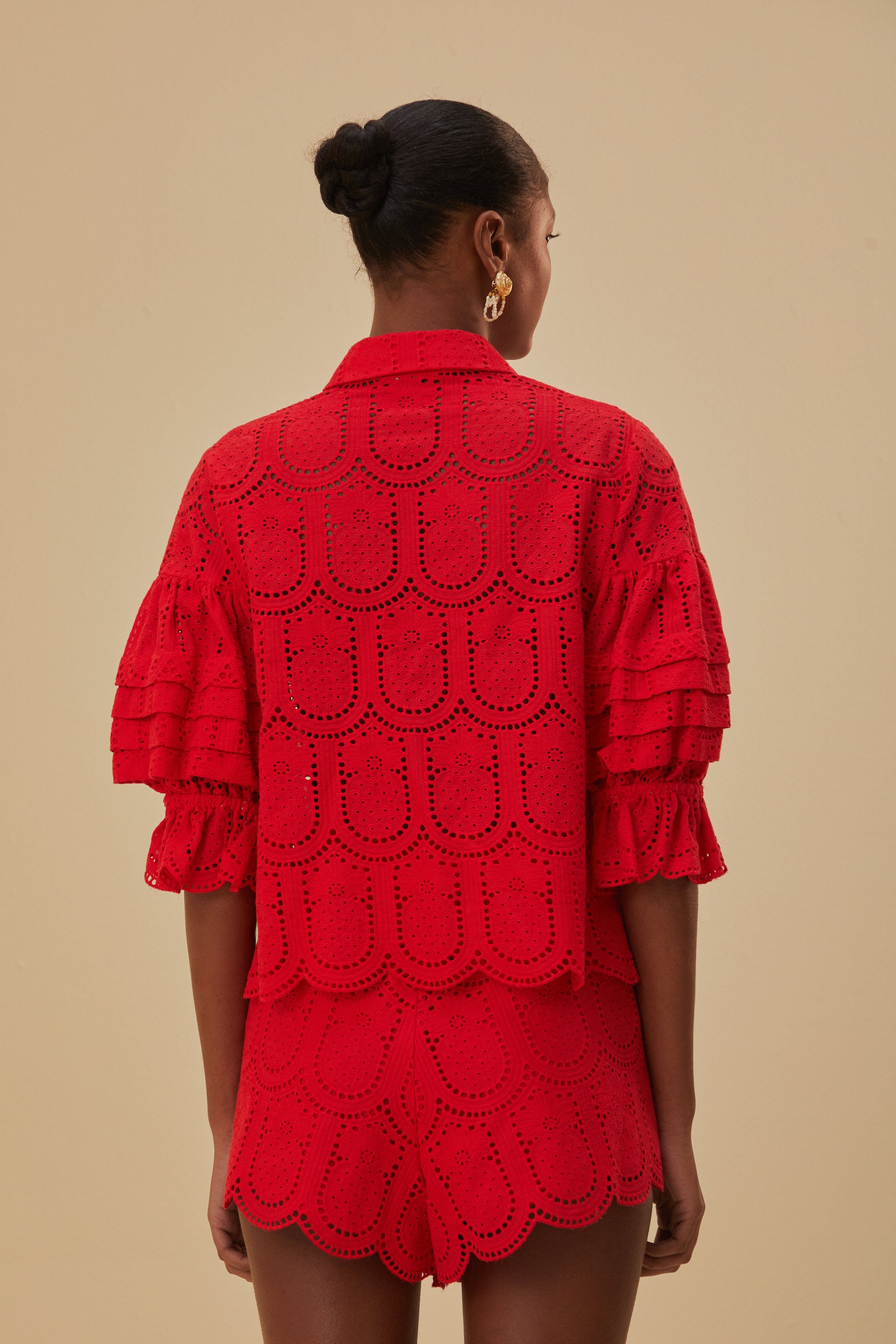Cotton pineapple eyelet blouse - Red