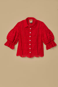 Cotton pineapple eyelet blouse - Red
