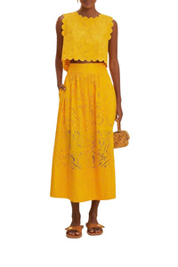 Monstera cotton crop top with eyelets - Yellow