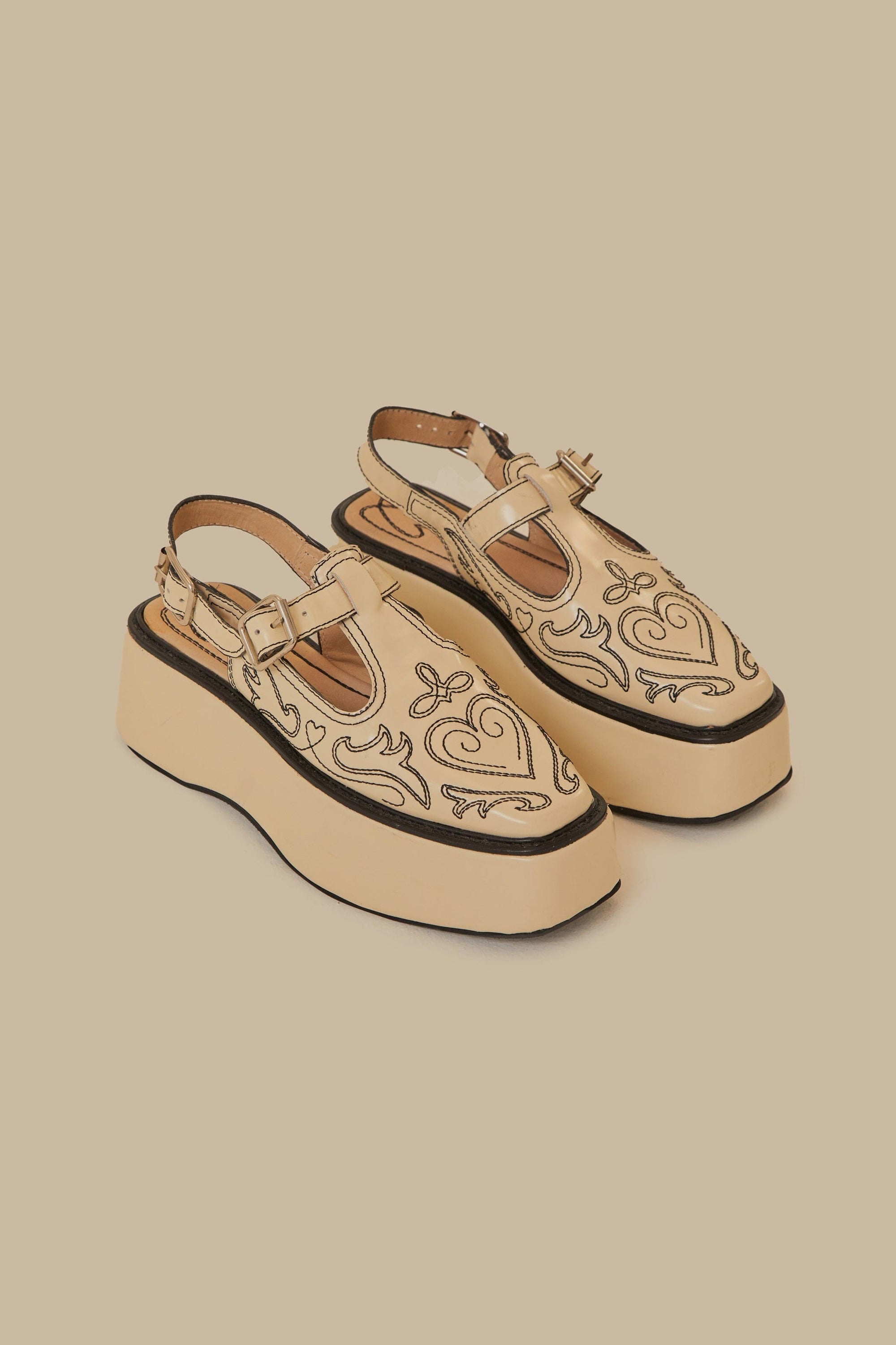 MEDIA OFF LINE_Sling back à plateforme brodées et lanières en cuir - Beige
