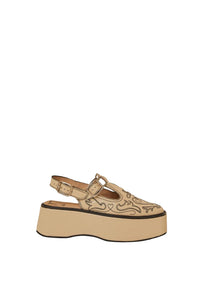 MEDIA OFF LINE_Sling back à plateforme brodées et lanières en cuir - Beige