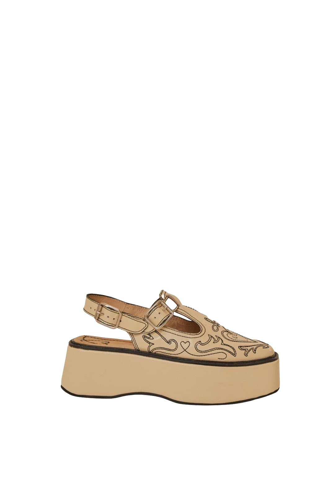 MEDIA OFF LINE_Sling back à plateforme brodées et lanières en cuir - Beige