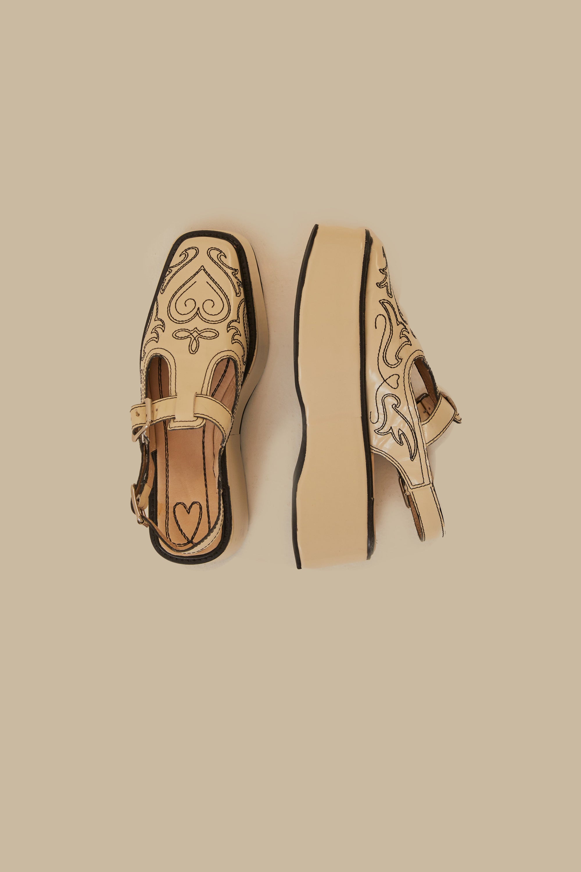 MEDIA OFF LINE_Sling back à plateforme brodées et lanières en cuir - Beige
