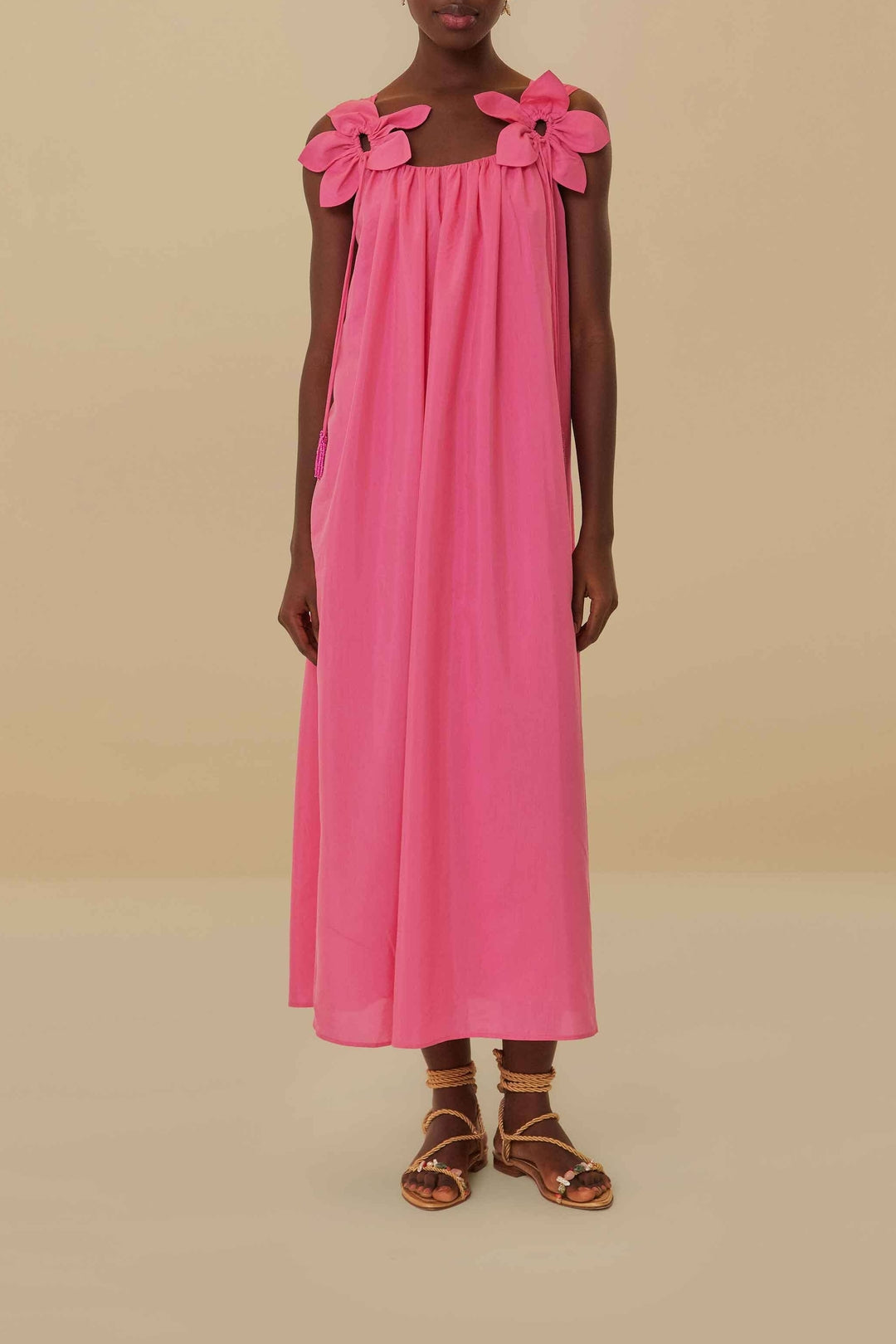 Robe longue à bretelles à motifs floraux en coton - Rose