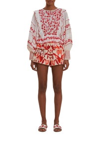 Blouse à manches longues brodé en coton - Rouge
