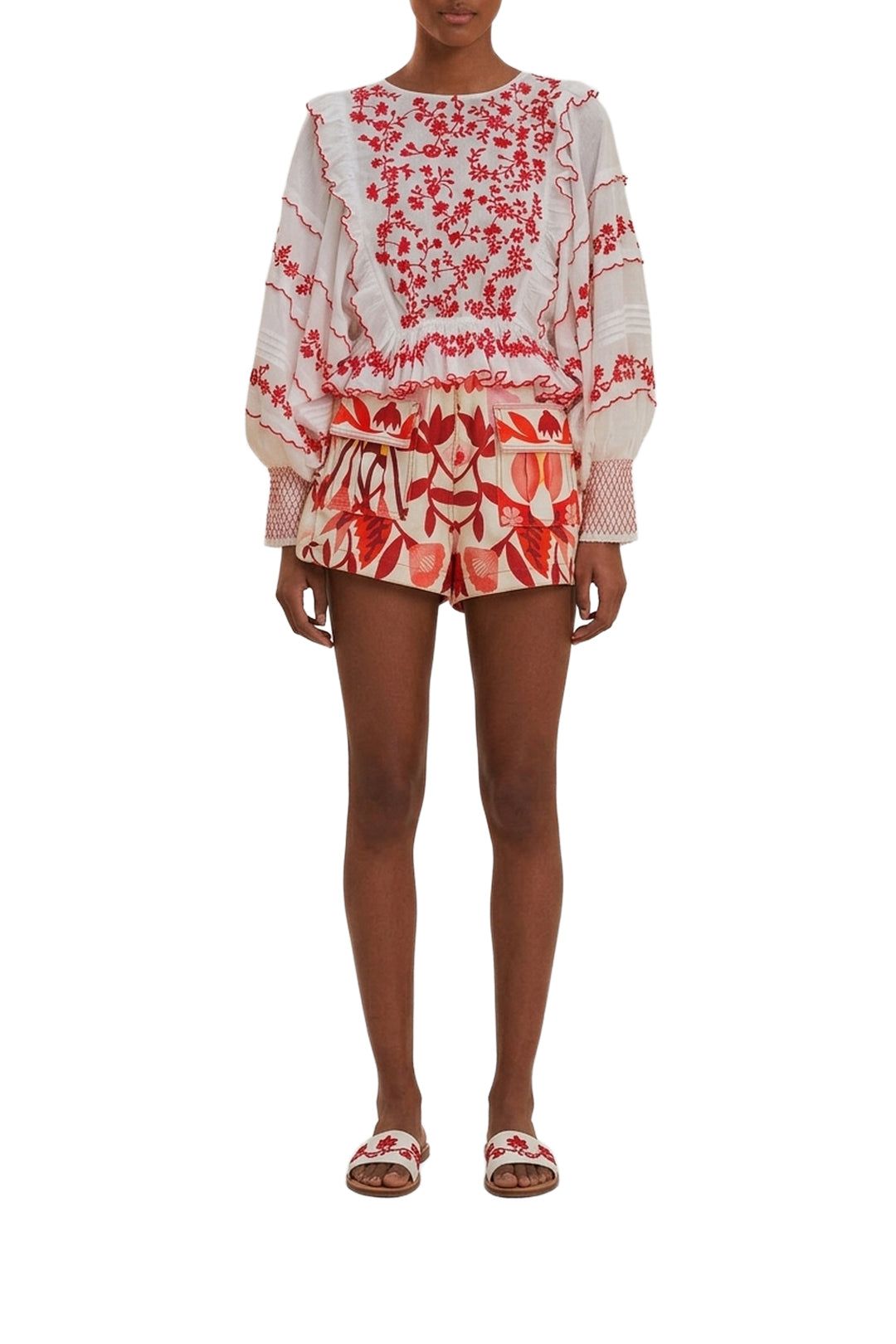 Blouse à manches longues brodé en coton - Rouge