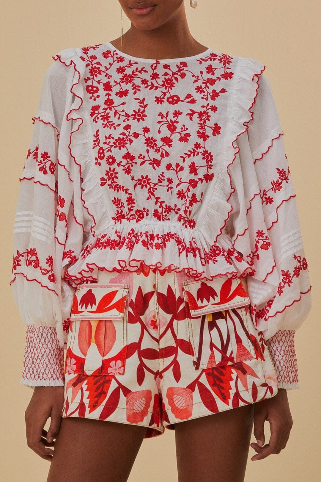 Blouse à manches longues brodé en coton - Rouge