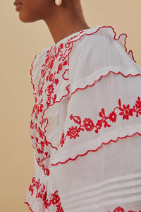 Blouse à manches longues brodé en coton - Rouge