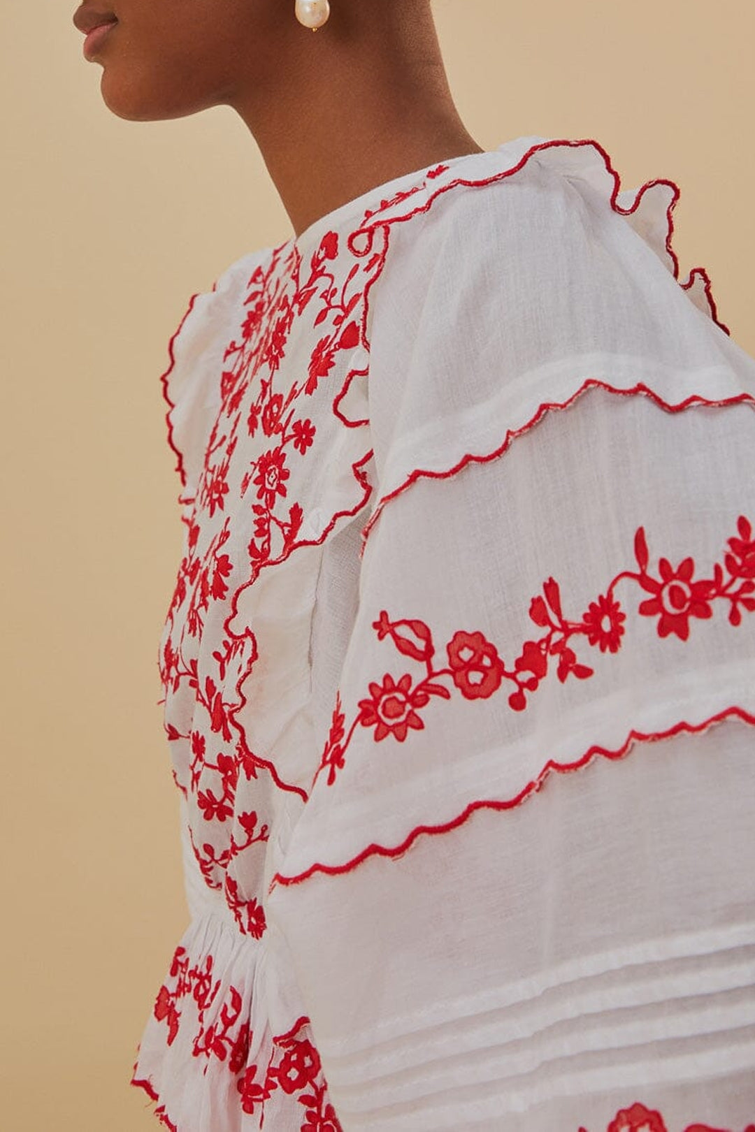 Blouse à manches longues brodé en coton - Rouge