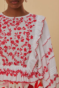 Blouse à manches longues brodé en coton - Rouge