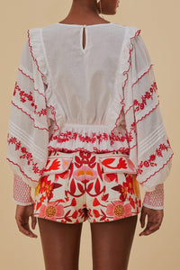 Blouse à manches longues brodé en coton - Rouge