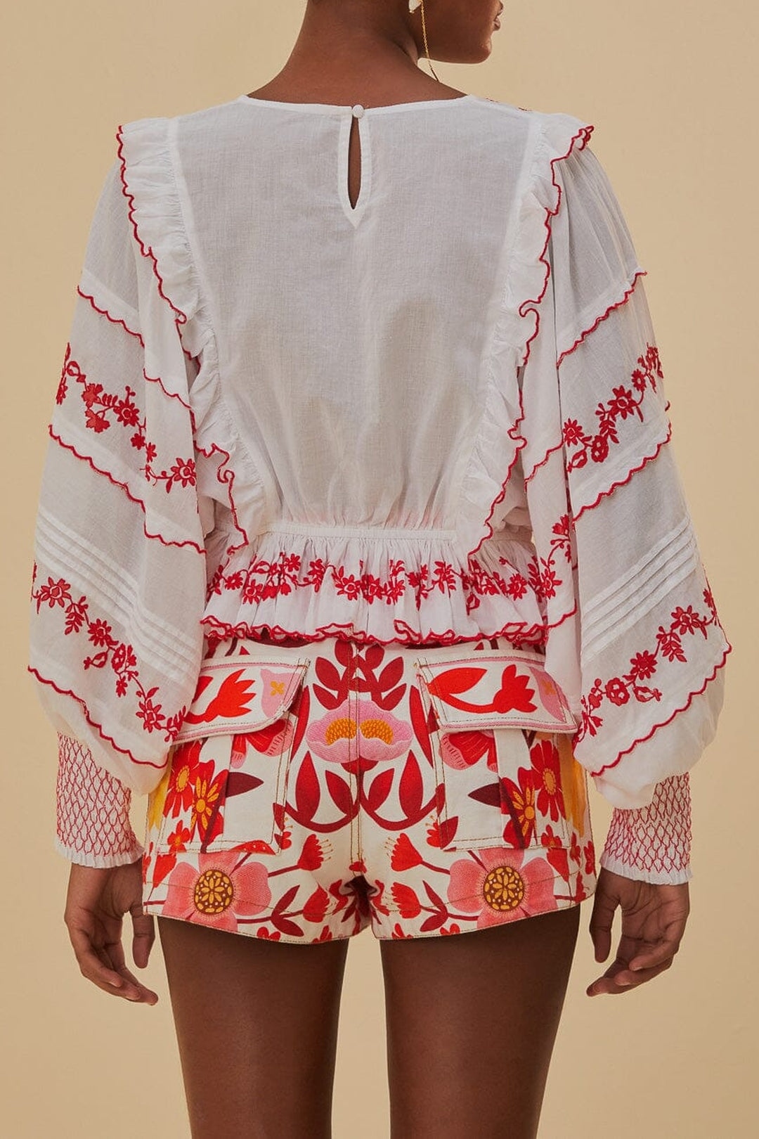 Blouse à manches longues brodé en coton - Rouge