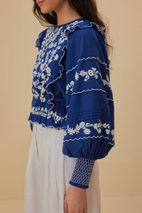 Embroidered long-sleeved blouse - Blue