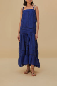 Robe longue à bretelles à lacets en coton - Bleu