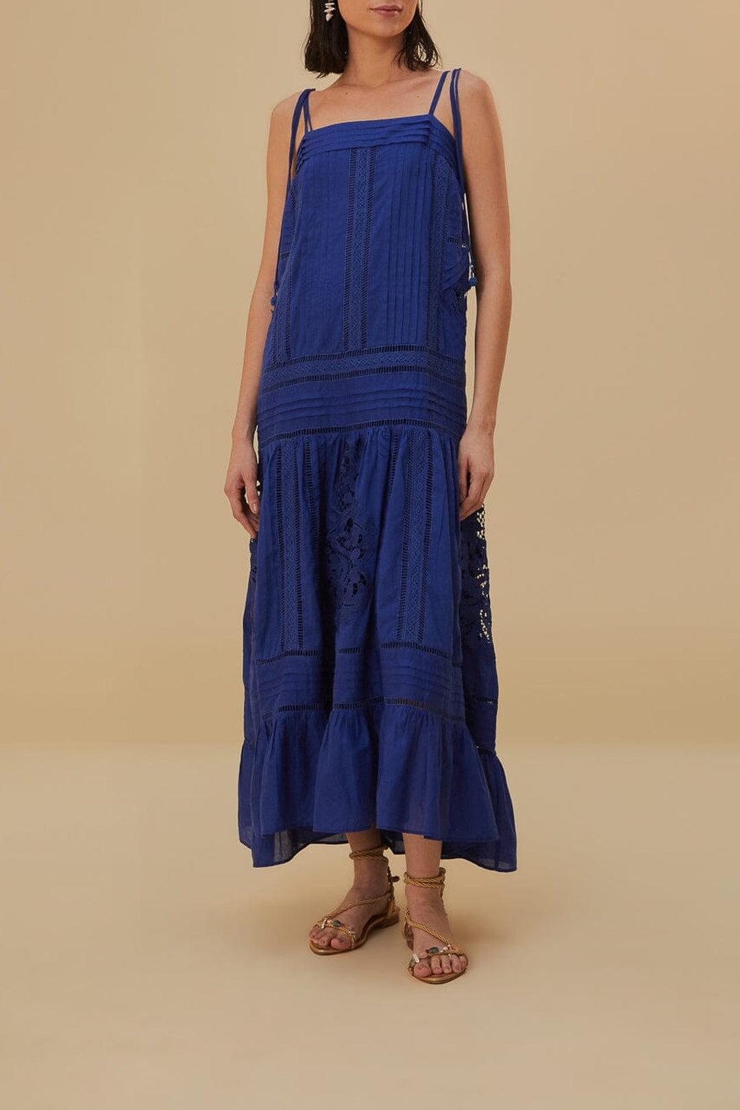 Robe longue à bretelles à lacets en coton - Bleu