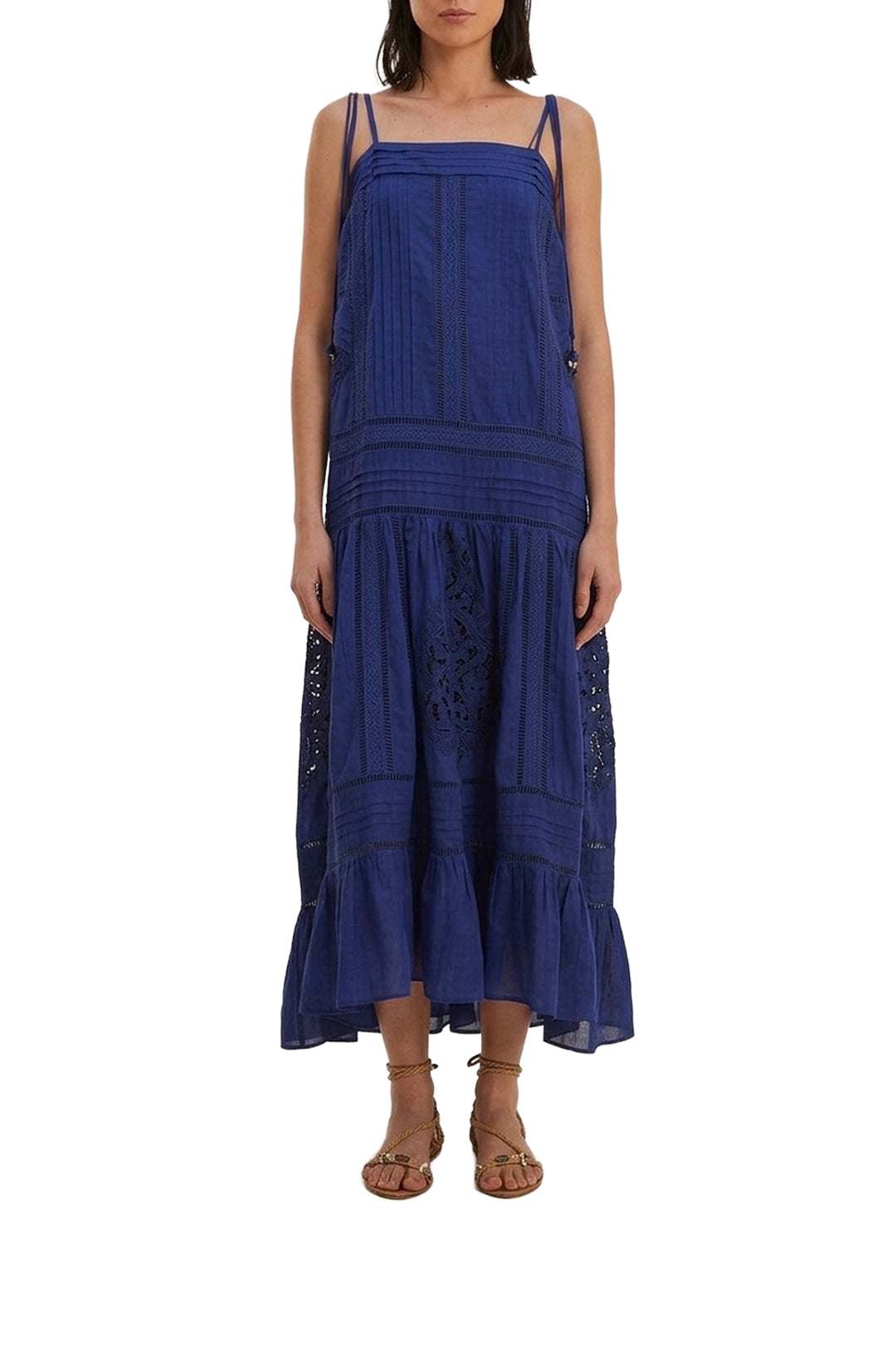 Robe longue à bretelles à lacets en coton - Bleu