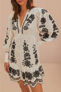 Robe courte Richelieu à fleurs en coton - Blanc