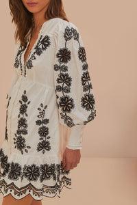 Robe courte Richelieu à fleurs en coton - Blanc