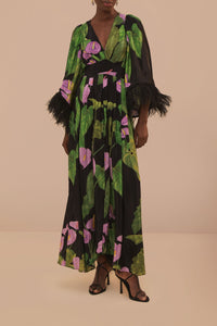 Robe longue Caftan Anthurium à manches évasées - Noir
