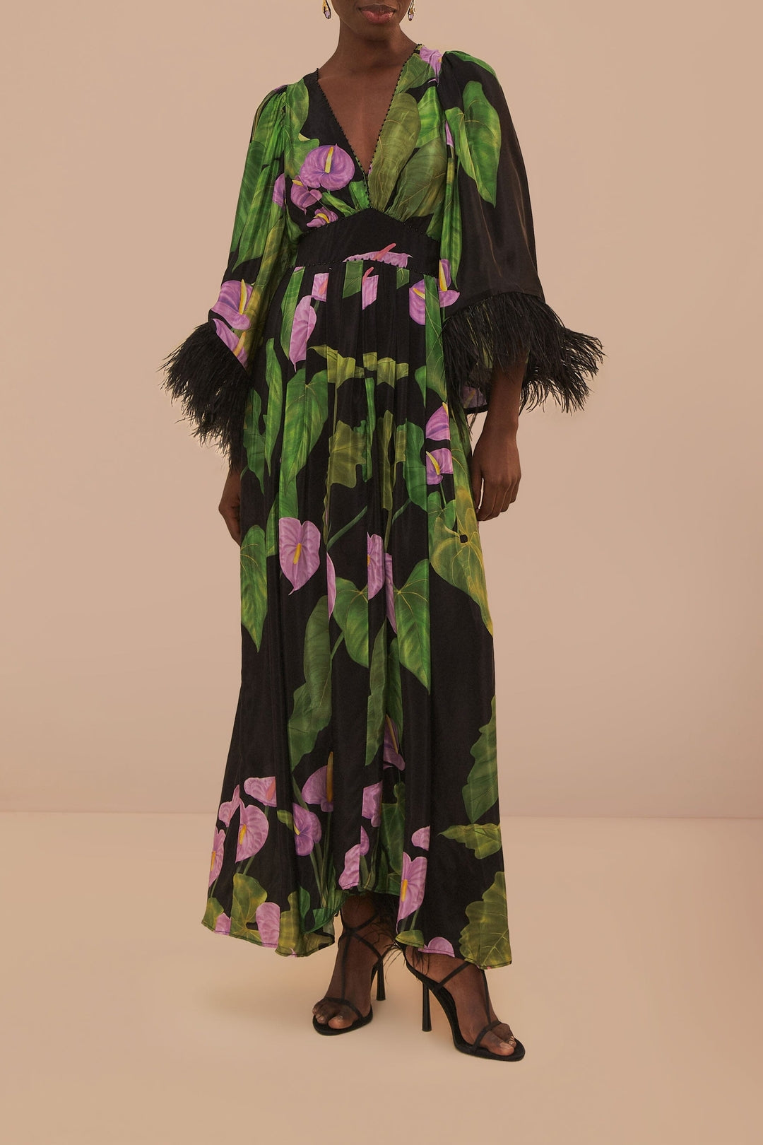 Robe longue Caftan Anthurium à manches évasées - Noir