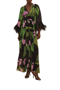 Robe longue Caftan Anthurium à manches évasées - Noir