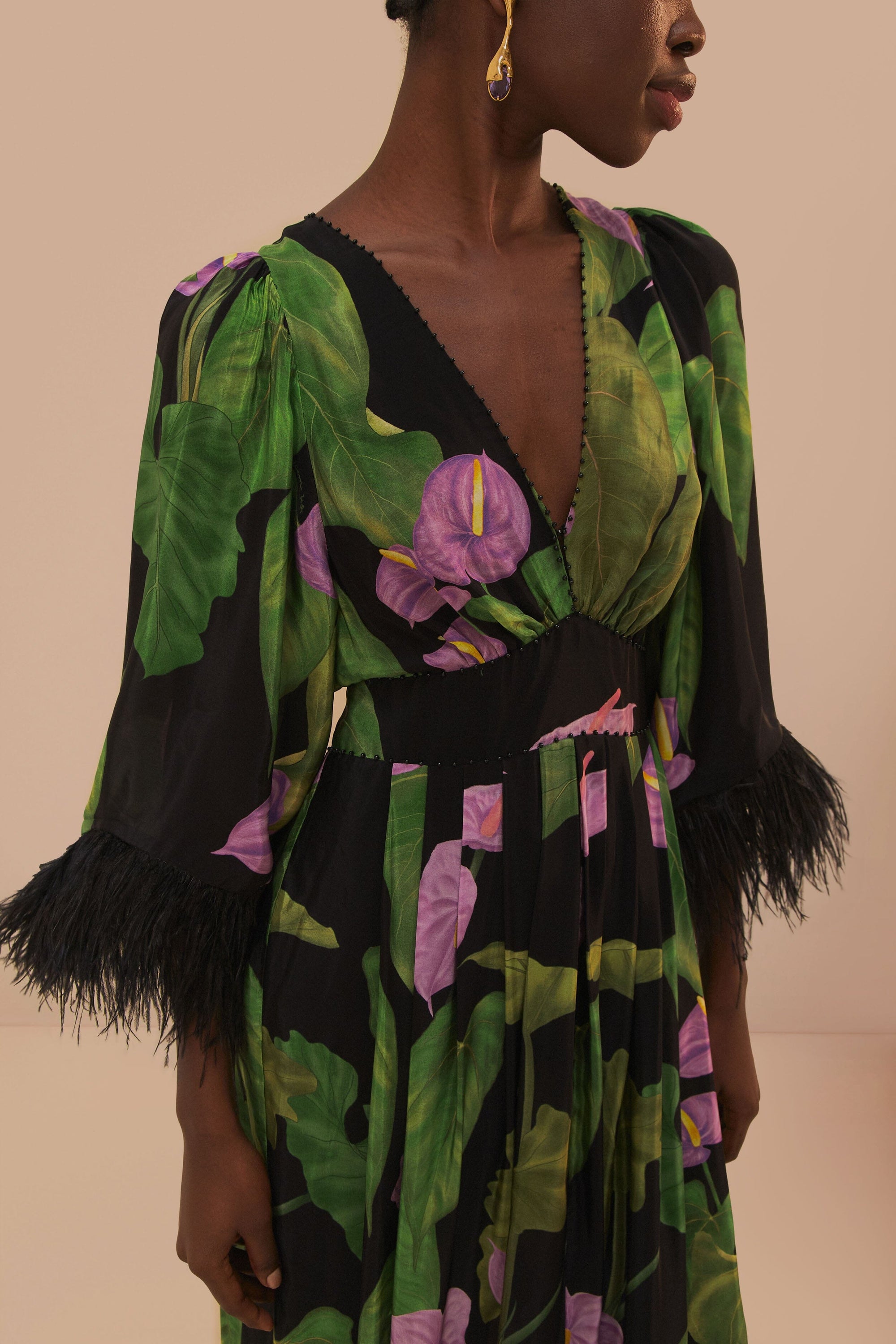 Robe longue Caftan Anthurium à manches évasées - Noir
