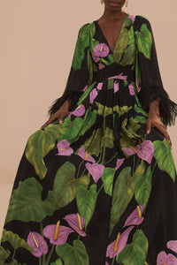 Robe longue Caftan Anthurium à manches évasées - Noir
