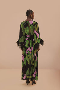 Robe longue Caftan Anthurium à manches évasées - Noir