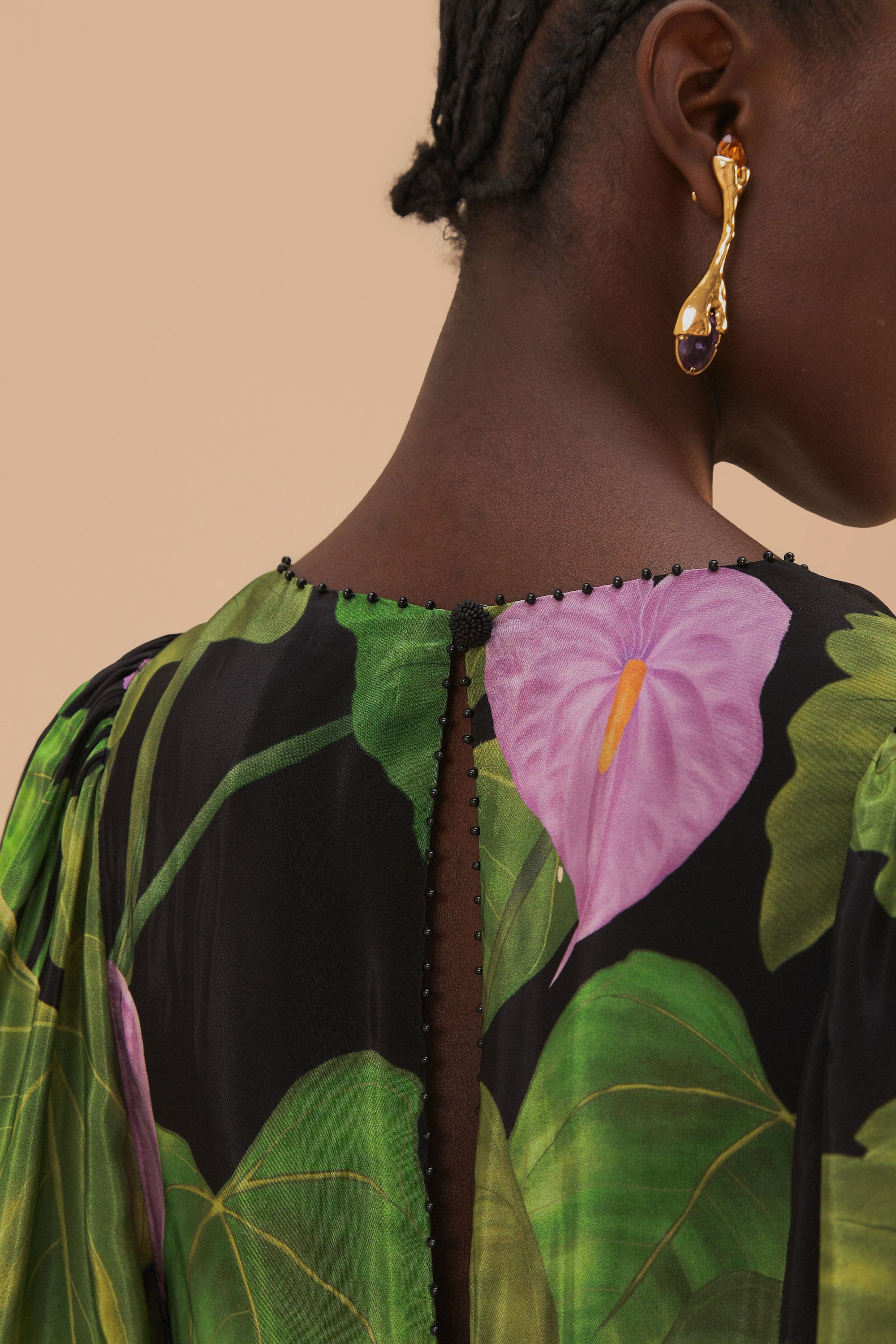 Robe longue Caftan Anthurium à manches évasées - Noir