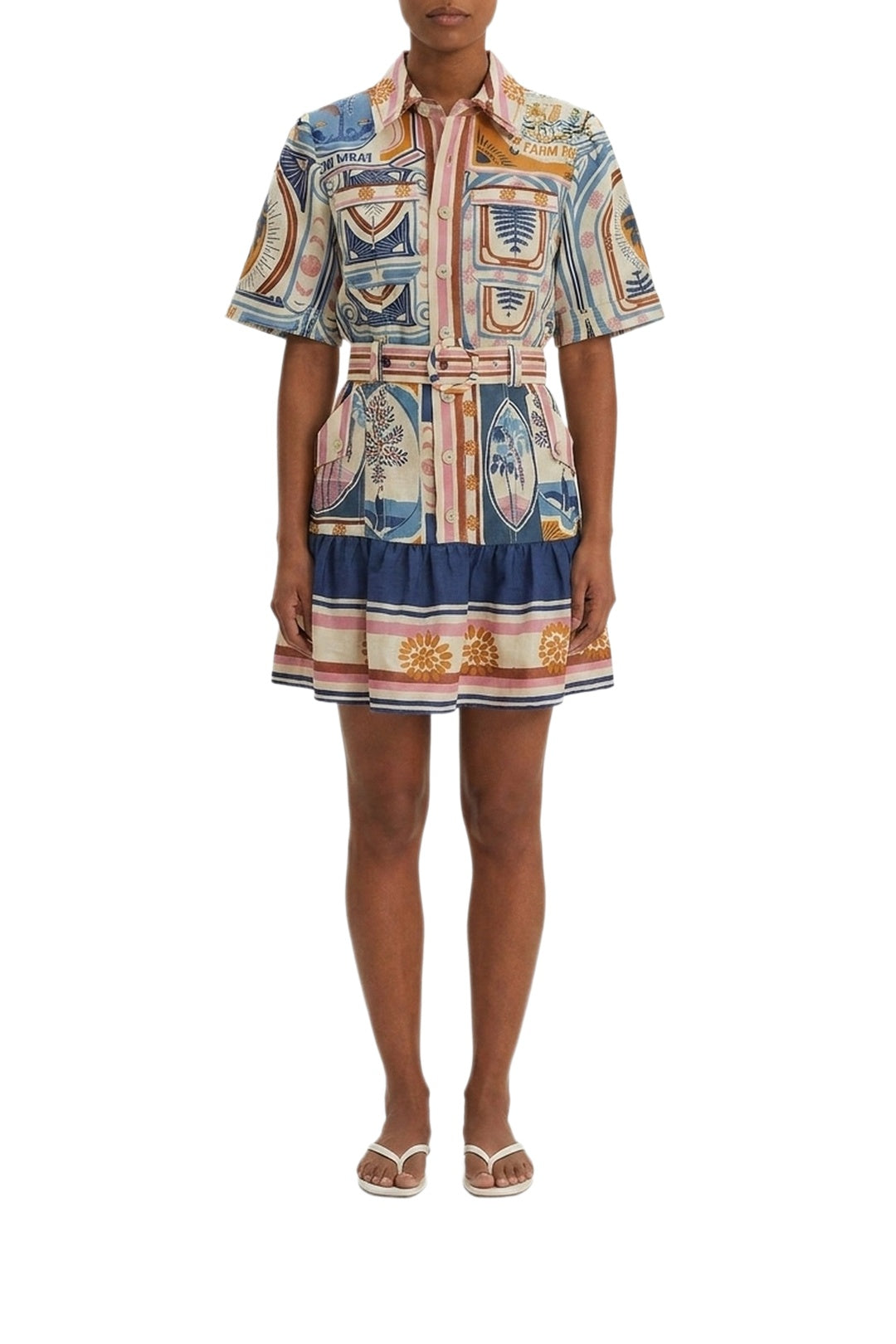 Robe courte Cerrado Stamps en lin - Multicolore