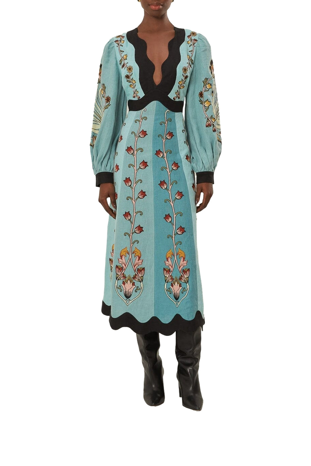 Robe midi à manches longues brodées en lin - Bleu
