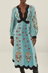Robe midi à manches longues brodées en lin - Bleu