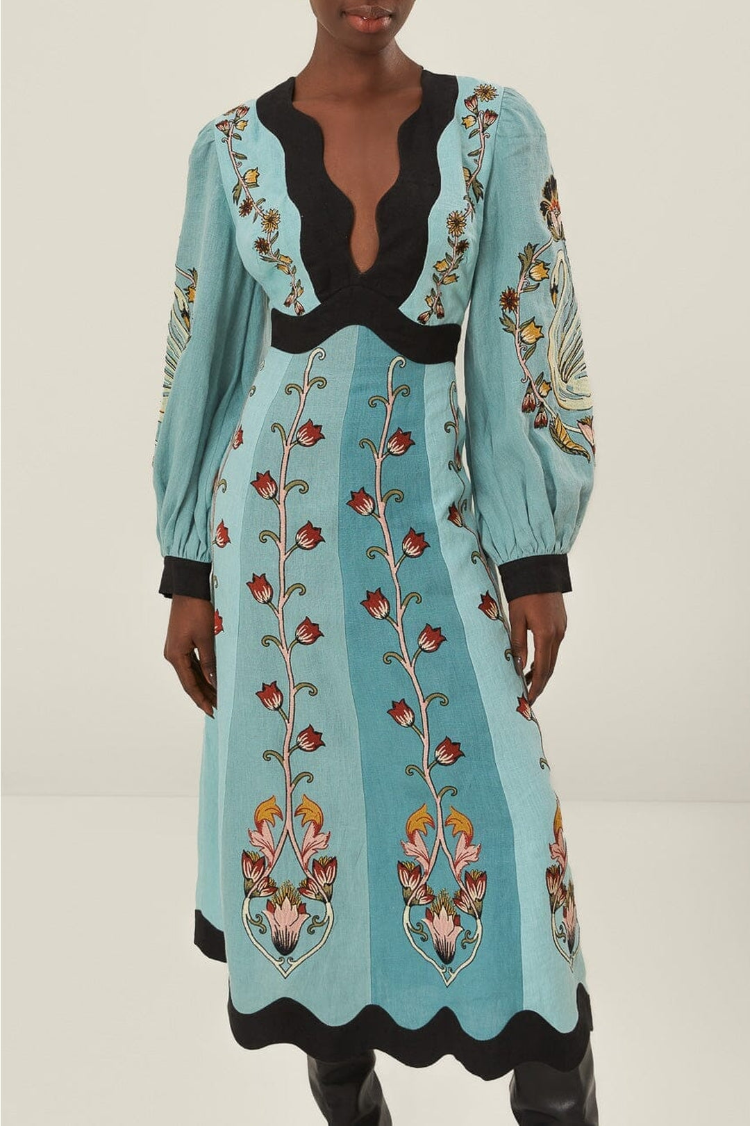 Robe midi à manches longues brodées en lin - Bleu