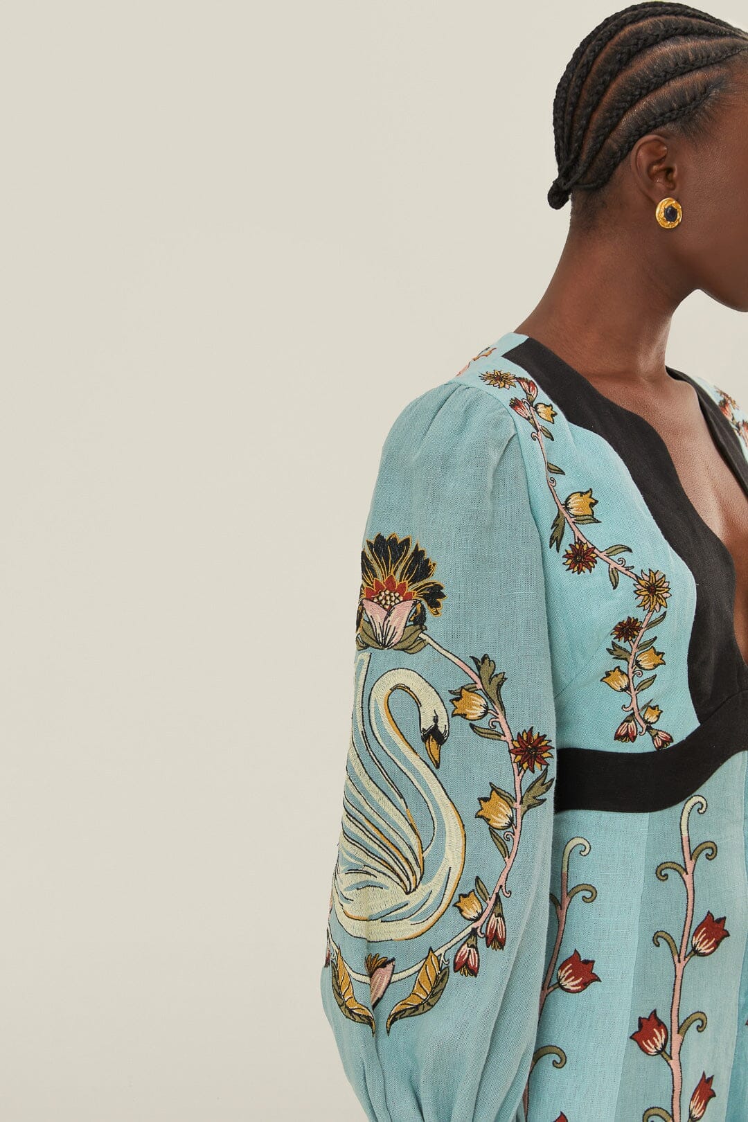 Robe midi à manches longues brodées en lin - Bleu