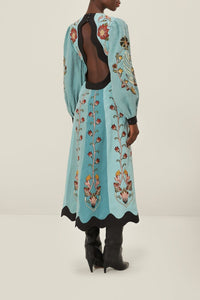 Robe midi à manches longues brodées en lin - Bleu