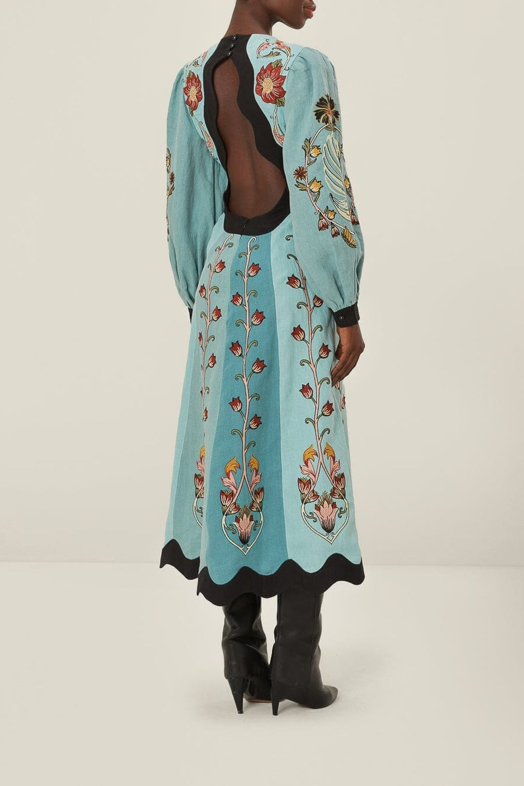 Robe midi à manches longues brodées en lin - Bleu