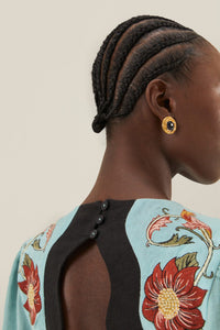 Robe midi à manches longues brodées en lin - Bleu