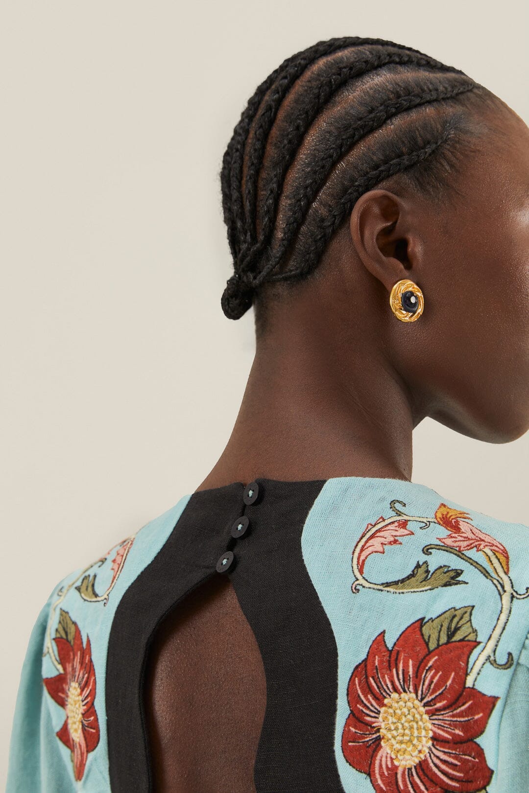 Robe midi à manches longues brodées en lin - Bleu