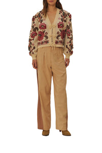 Pantalon taille haute bicolore en coton - Beige