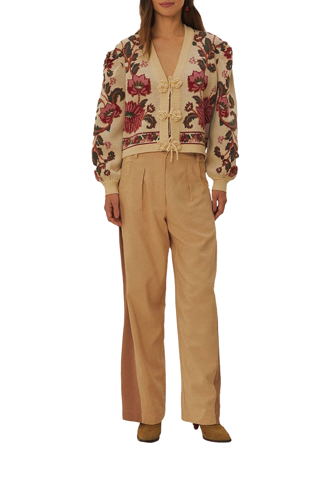 Pantalon taille haute bicolore en coton - Beige