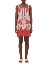Robe courte à rayures et fleurs en lin - Rouge